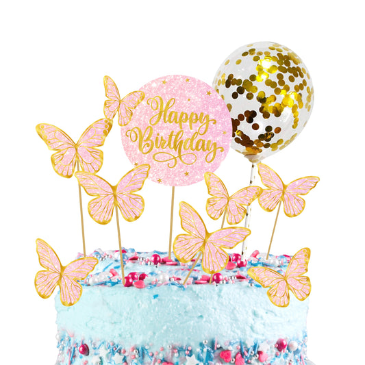 Butterfly Cake Toppers 1 Confetti Balloon Topper 8 Butterfly 1 Happy Birthday Party Decoration Cake Topper (PCT-05)
