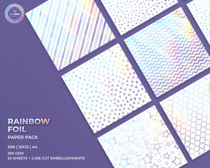 White Rainbow Foil Paper Pattern 24 Sheets Rainbow Foiled 2 Die cut Embellishments 300 Gsm